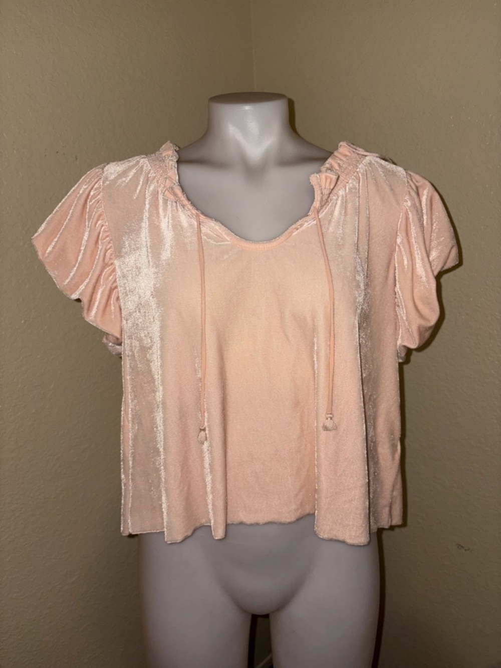 Free People Peach Velvet Tie-Front Short Sleeve Blouse